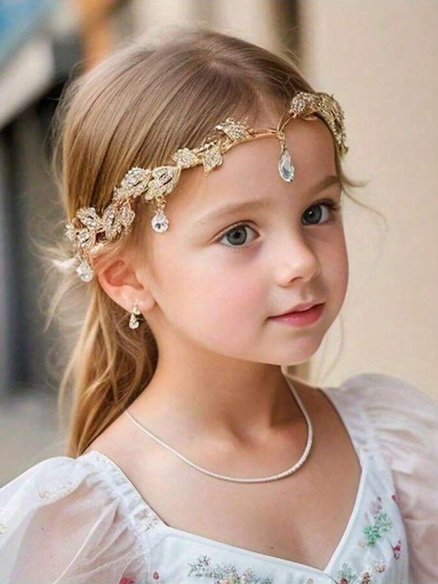 1 pieza Diadema con hoja de estilo princesa con rhinestones, adecuada para niñas para uso diario, fiestas, cumpleaños, baile, presentaciones escolares, pasarela, sesiones de fotos, accesorio de cabello elegante y lindo - Multicolor - Ver 1