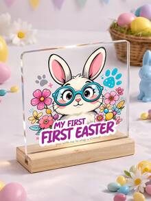 1pc Easter Decoration, Pink Bunny Table Decor, Acrylic Sign, Office Decor, Bedroom Decor, Desk Decor, Happy Easter Party Supplies, Gift Home Decor Office Desk Desk Office Supplies - Acrylic + Wooden Base - View 4