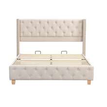 140 X 190 Cm Mattress With Slatted Headboard And Headboard, Button Tufting, Rivet Tufting, Wooden Legs, Linen, Beige - Beige - View 5