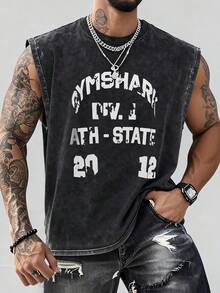Men's Printed Vintage Washed Vest, Loose Fit, Casual Street Style, A Must-Have Item For Street Wear And The Gym. - màu đen - Xem 1