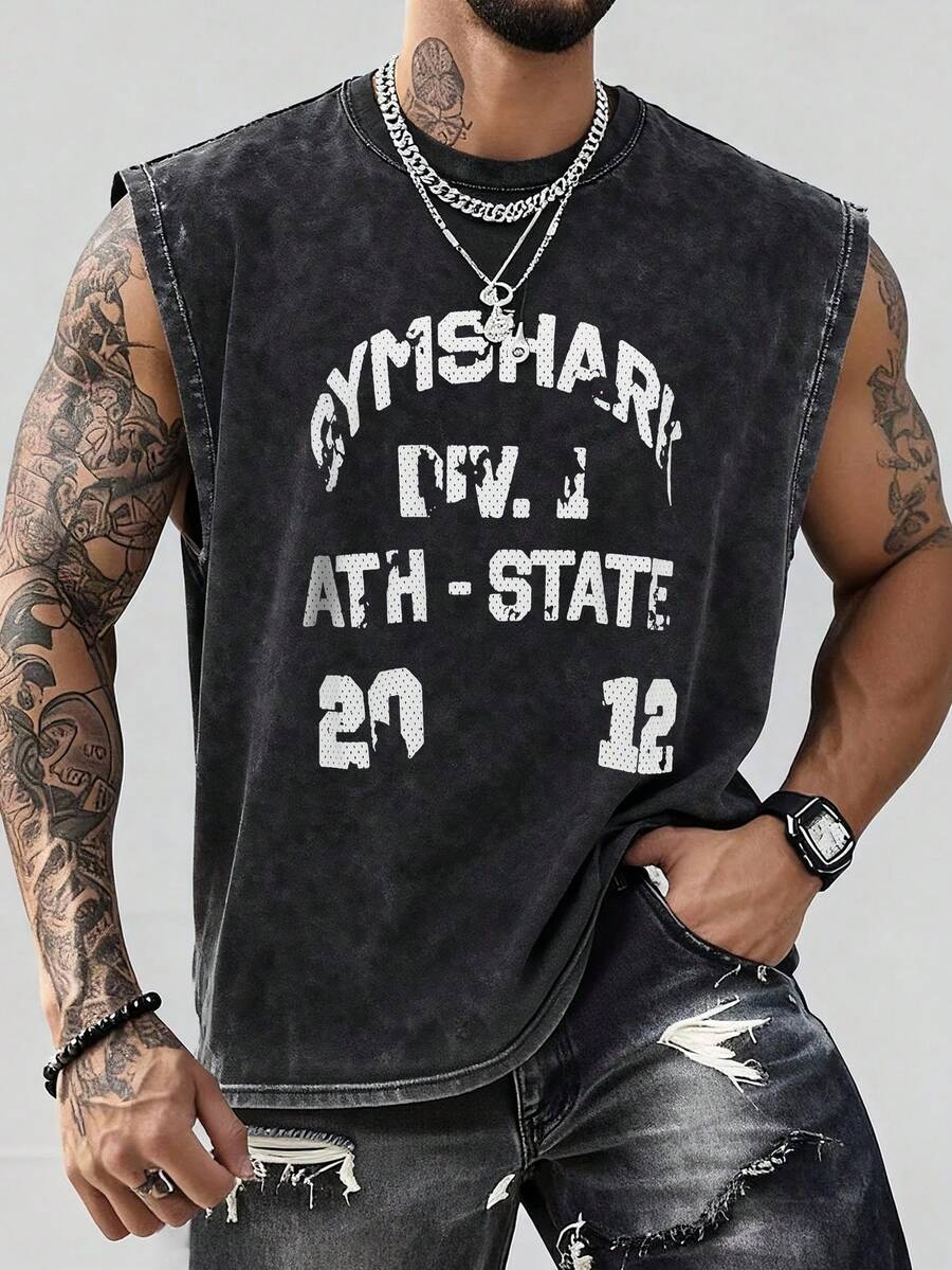 Men's Printed Vintage Washed Vest, Loose Fit, Casual Street Style, A Must-Have Item For Street Wear And The Gym. - màu đen - Xem 1