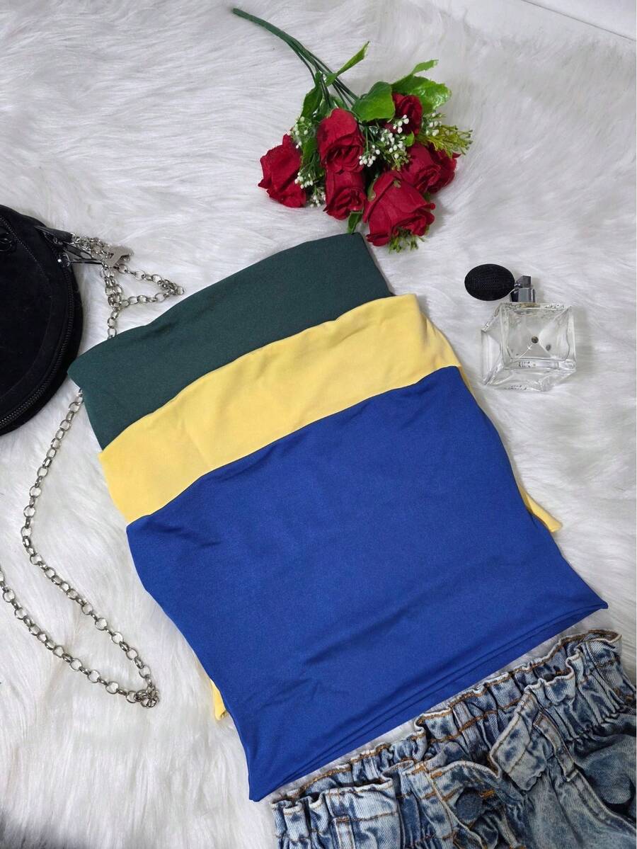 Kit Of 3 Women's Tube Tops: Cropped Tube Top, Strapless, Lined With Double Layer, Fitted Waist, Blogger Style. - vàng/xanh lá cây/xanh dương - Xem 1