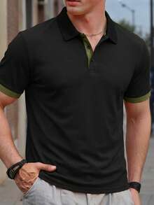 Camisa polo de manga corta con bloques de color casual y de uso diario para hombres, camisa casual y ligera para trabajo, regalo para novio, para golf, para uso diario, para verano, para tenis - Negro - Ver 1
