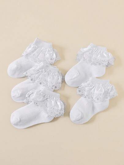 5双装女童白色休闲荷叶边网眼袜，时尚透气蕾丝边袜，柔软舒适公主风春夏袜，适合日常穿着、派对、返校、假期、舞蹈表演等场合。
