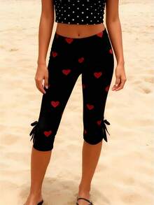 Women Dot Print Capri Pants With Bows Mid Rise Side Split Long Shorts Tights Casual Work Leggings For Outdoor Office - Đỏ - Xem 1