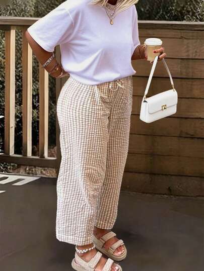 Pantalones anchos de estilo bohemio con diseño de cuadros rosas para mujer | Diseño de cintura con lazo | Adecuado para el Día de San Valentín, festivales de música, el Derby Day y vacaciones en la playa, primavera/verano 2026