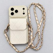 Wallet 1pc Fashion Long Chain Card Holder + Minimalist Beige Eye Design Anti-Drop TPU Phone Case, Shoulder Strap Compatible With IPhone17/17pro/17Air/17promax, OPPO, Vivo, Redmi, Series - Beige - View 1