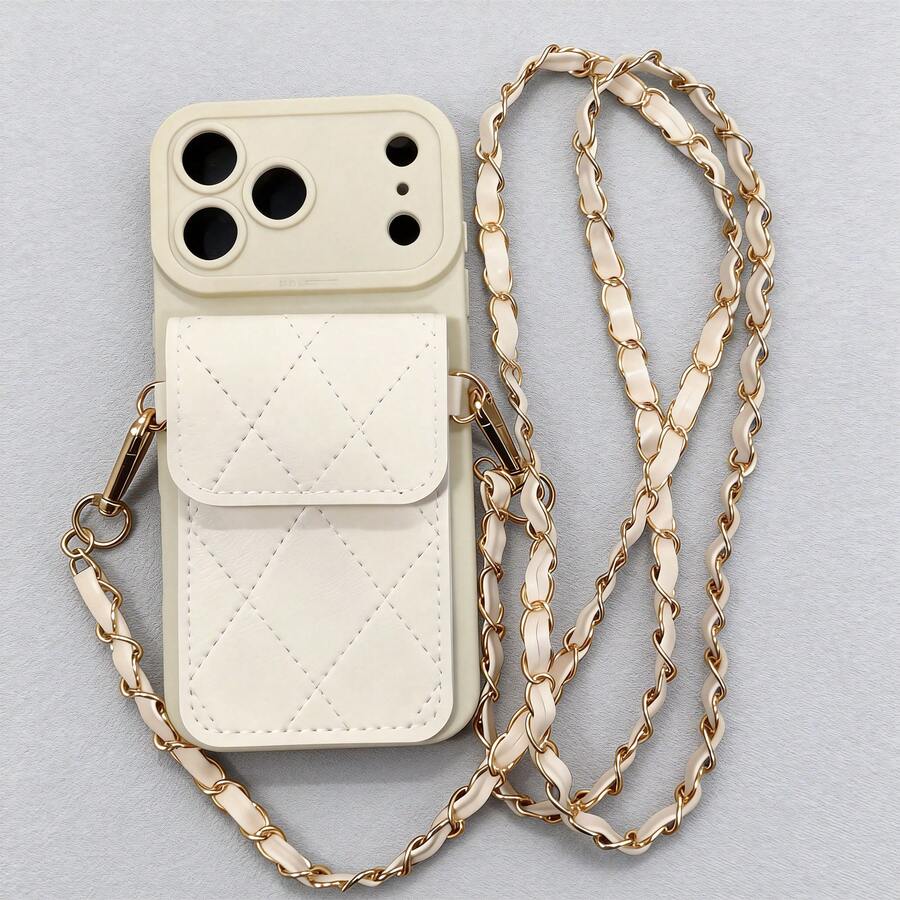 Wallet 1pc Fashion Long Chain Card Holder + Minimalist Beige Eye Design Anti-Drop TPU Phone Case, Shoulder Strap Compatible With IPhone17/17pro/17Air/17promax, OPPO, Vivo, Redmi, Series - Beige - View 1