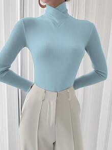 女士纯色针织交叉领打底衫，办公室穿着春季新款休闲款 - 淺藍色 - 查看 6