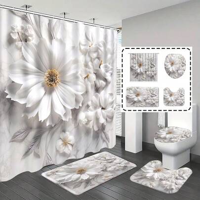 1pc/4pcs Bathroom Shower Curtain Set, Bathroom Decor, Marble Pattern & White Floral Design, Bathroom Mat, Gift, Themed Decoration, Bathroom Set, Comes With 12 Hooks