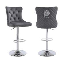 Velvet Bar Stools Set Of 2, Height Adjustable Breakfast Bar Stool, Counter Modern High Chair With Lion Knocker, Suitable For Bars Kitchens And Breakfast Counters, Grey - Dark Grey - View 8