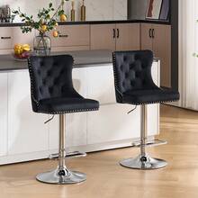 Velvet Bar Stools Set Of 2, Height Adjustable Breakfast Bar Stool, Counter Modern High Chair With Lion Knocker, Suitable For Bars Kitchens And Breakfast Counters, Black - Black - View 9
