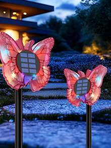 户外太阳能蝴蝶灯 - 变色 3D 发光 - 二合一 壁灯/地灯 - 防水花园装饰灯，适用于庭院、草坪、院子、围栏、后院装饰（红色） - 彩色 - 查看 3