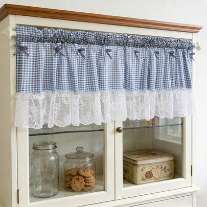 1件格子撞色蕾丝短窗帘，法式田园浪漫透气小窗帘，格子拼接花卉蕾丝咖啡帘，适用于客厅、卧室、厨房窗户、橱柜家居装饰