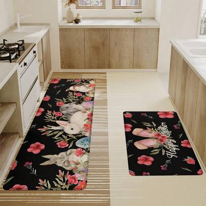 Zestaw 1/2 elementów wesołej dekoracji na drzwiach w ogrodzie wielkanocnym, wycieraczka powitalna do użytku wewnątrz i na zewnątrz z lnianym dywanikiem z motywem jajka zająca wielkanocnego, sezonowa wiosenna mata podłogowa w domu oraz antypoślizgowe, zmywalne wejście do frontowego wejścia na werandę kuchenną.