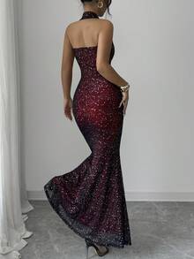 优雅露背连衣裙，女士派对鸡尾酒礼服，深V领修身鱼尾裙，黑色外层红色内衬，褶皱腰部网纱裙摆，玫瑰红内衬，适合春、夏、秋、冬各式派对场合 - 紅色 - 查看 1