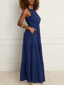 Women's Premium Summer Dress, Charming, Lightweight, Elegant, Casual, Stylish, Party, Asymmetrical, Hem With Ruffle, Knot, Wedding - Royal Blue - View 3