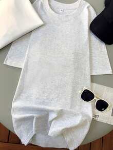 2026春夏新款纯棉短袖中长款T恤女装，时尚灰色休闲上衣 - 花灰色 - 查看 2