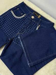 pthirillo Women's Dark Blue Flare Jeans With Butt-Lifting, High Waist, And Rhinestone Detail - Premium Rhinestone Jeans - 口袋水鑽 - 查看 8