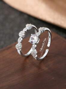 2pcs Fashionable Versatile Silver-Tone Cubic Zirconia Inlaid Women's Rings, Silver-Plated Ring Set, Women's Ring Set, Couple Rings, Adjustable Open Ring, Wedding Rings, Engagement Rings, Daily Wear, Gift For Valentine's Day, Ramadan Distribution, Ramadan Dishes, Eid Al-Fitr Gift, Eid Al-Fitr Giveaways - Silver - View 8