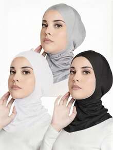 3件套女士时尚纯色组合套装，弹性无缝头巾帽围巾，适合日常穿着的阿巴雅长袍 - 彩色 - 查看 6