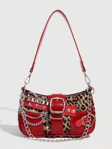 1个Y2K Baddie PU皮革手提包，多功能星月斜挎包，双色链条肩带单肩包，千禧年腋下链条包，时尚派对及礼品袋（女士款） - 紅色 - 查看 6