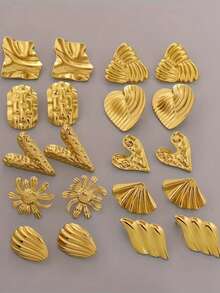 24 Pieces - 304 Stainless Steel Earrings, Elegant And Fashionable With Low Allergenicity. Multi-Element Irregular Geometric Earrings Featuring Flowers, Wings, Hearts, Squares, Etc. - Multicolor - View 4