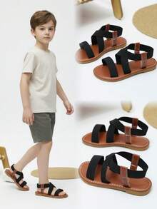 1 Pair Simple & Elegant Elastic Band Slip-On Round Toe Flat Sandals, Suitable For Boys & Girls Aged 3-15 For Casual, School, Gathering, Walking, Travel, Vacation, Spring/Summer 2026 New Arrival - Black - View 2