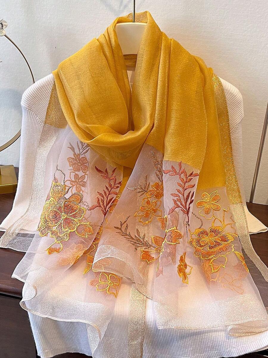 Women's Gold Thread Floral Embroidered Shawl, Breathable Windproof Design, Suitable For Summer Sun Protection/Spring & Autumn Warmth, Pairs Well With Cheongsam, Formal Dresses, And Casual Outfits, An Elegant Gift For Mom/Best Friend - Turmeric - View 1
