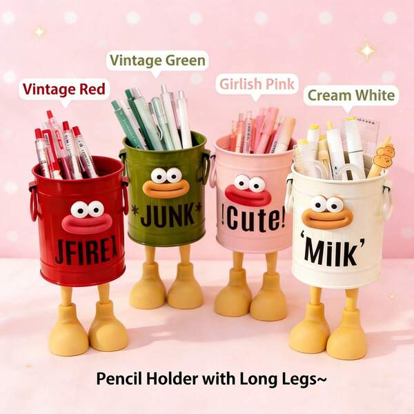 4个可爱有趣的卡通香肠嘴造型笔筒，简约复古办公笔架，大容量桌面笔筒，可爱皮革表面，便携式张力笔筒，彩色表面，可自行组装，适用于办公室、学校和开学季。是收纳家庭和学习文具的理想礼物。