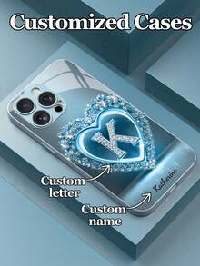 1pc Customizable 26 Letters & Name Design With Blue Rhinestone Heart Pattern Tempered Glass Phone Case, Compatible With Iphone 17 Air/16 ProMax/15 Pro/14 Plus/13 Pro/12 Pro Max/11/Xs Max/8/7/6 Plus, S24 Ultra/S25 Ultra/A12, High-End Business Custom, Best Gift For Boyfriend, Girlfriend And Family - Blue - View 4