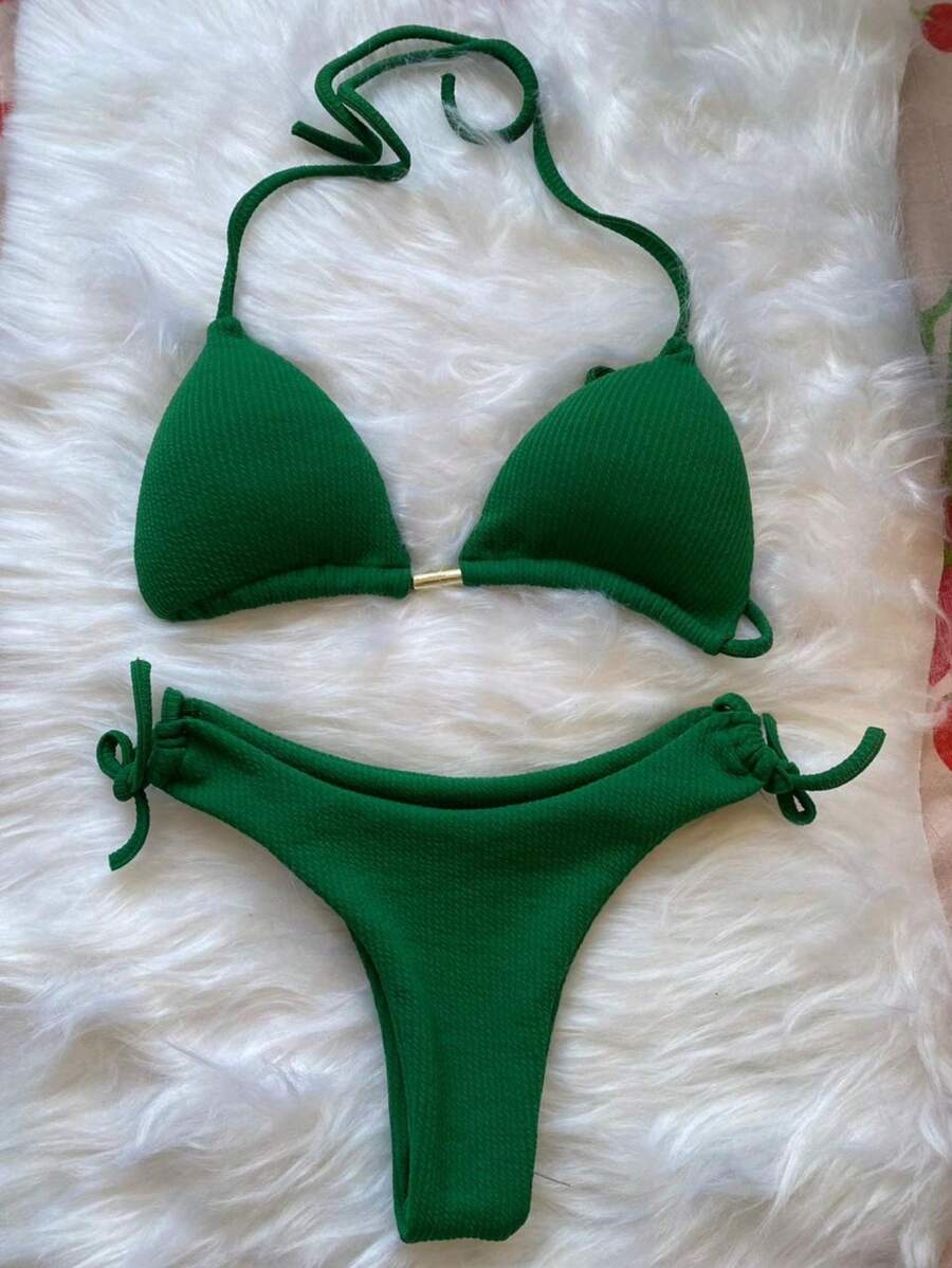 Ribbed Triangle Bikini Bottom, Double String Bikini Bottom, Semi-Thong - Green - View 1