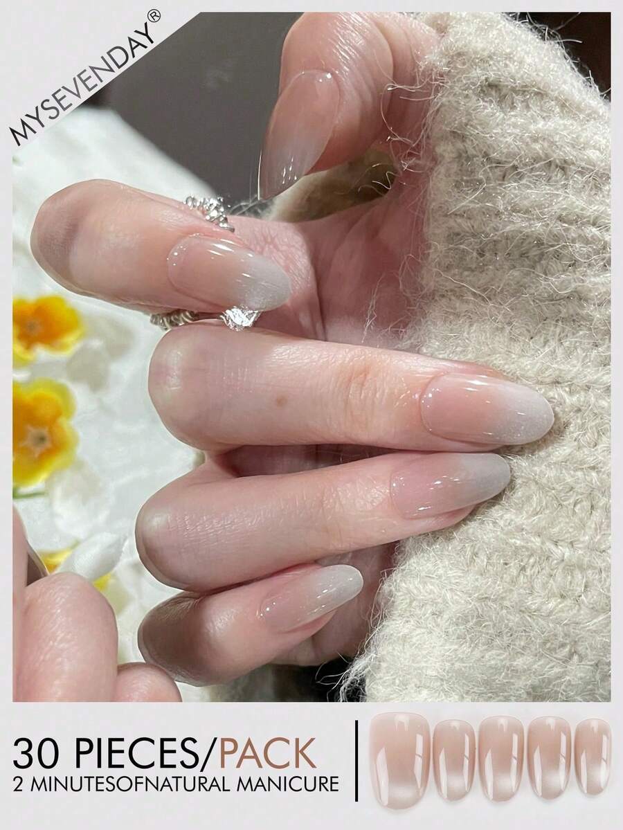 30片短款杏仁/渐变全覆盖美甲贴纸，附赠果冻胶和指甲锉，适合派对和日常使用，可重复使用，提升您的美甲优雅气质。美甲用品 - 彩色 - 查看 1