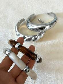 4pcs Vintage Minimalist Elegant Resin Acrylic Brown Elastic Bracelet & Bangle Set, Gold Stripe Smooth Open Cuff, Suitable For Women Everyday Wear, Holiday Gift, Stackable, 2025 New Arrival - Gold - View 8