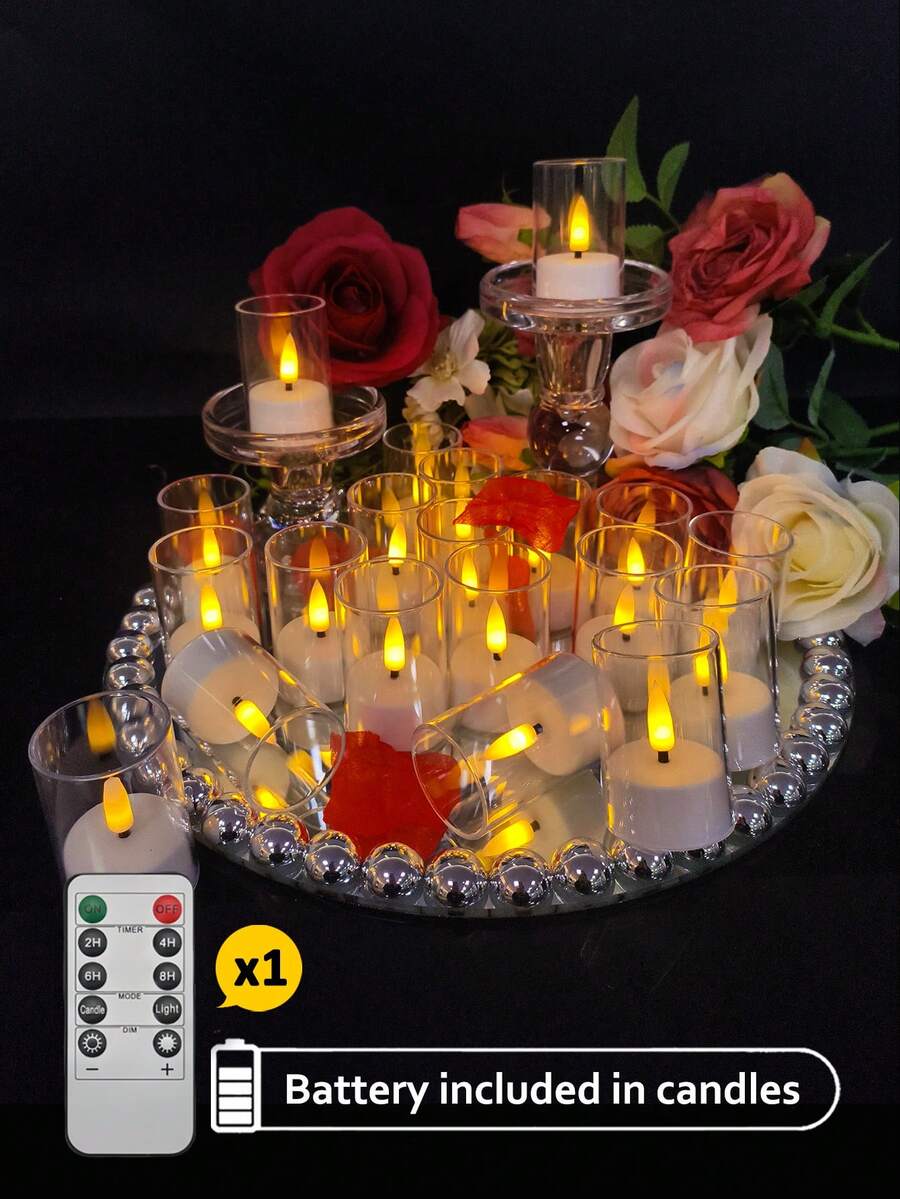 6/12/24pcs Flickering Flameless Candles, Battery Operated Candles With Timer And Remote Control, LED Wishing Candles For Tabletop Centerpiece, Suitable For Christmas, Halloween, Valentine's Day, Dining Table, Room Decor, Wedding, Party, Gift