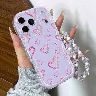1pc Colorful Heart 2D Print Glossy Transparent Big Wave Cream Phone Case With Blue Star Lanyard, Suitable Compatible With Apple IPhone11/12/13/14/15/16/16PRO/16PROMAX, GalaxyA05/A15/A25/A35/A53/A54/A55/S23/S24