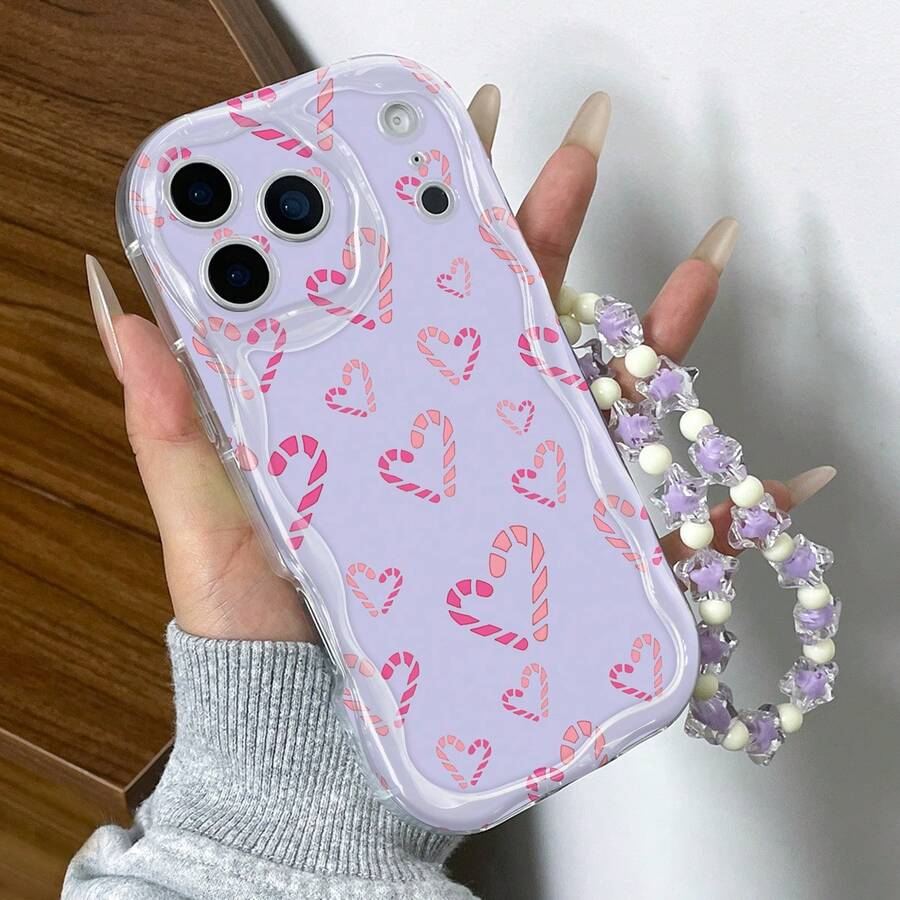 1pc Colorful Heart 2D Print Glossy Transparent Big Wave Cream Phone Case With Blue Star Lanyard, Compatible With Apple IPhone11/12/13/14/15/16/16PRO/16PROMAX, GalaxyA05/A15/A25/A35/A53/A54/A55/S23/S24 - Multicolor - View 1