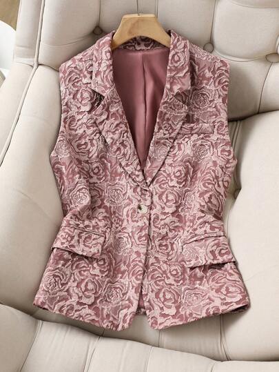 Jacquard Elegant Suit Vest Jacket, Cinched Waist Office Casual Versatile Faux Pocket Vest Jacket, Geometric Jacquard Woven Fabric Vest, Suitable For Work, Dates, Parties, Vacation, Spring/Autumn/Winter