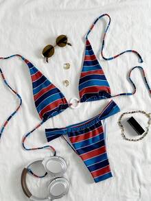 Women's Elegant Striped Print Basic Swimsuit With Round Ring Accessory, Suitable For Various Summer Occasions From Pool To Beach, Daily Triangle Bikini Beach Outfit - Multicolor - View 2