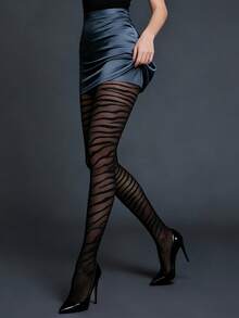 情人节礼物：斑马纹紧身裤 - 大码塑形耐穿女士打底裤，高腰动物纹印花裤 - 黑色 - 查看 2