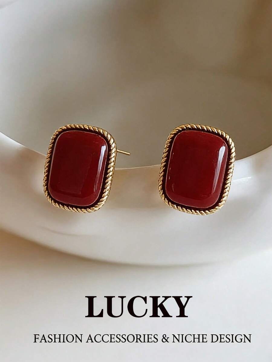 1 Pair Vintage French Style Geometric Rectangle Glazed Stud Earrings, Suitable For Teenage Girls Everyday And Holiday Wear - Rectangle - View 1