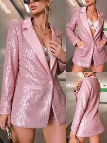 1pc Women's Sequin Jacket, Shiny Knit Fabric Sequin Patchwork, Suitable For Formal Occasions, Parties, All Seasons Pink Spring - Pink - View 4