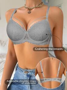 Peach Girl 1pc Sexy Lace Bralette, Comfortable Breathable Underwire Padded Bra, Versatile For Daily Wear - Grey - View 5