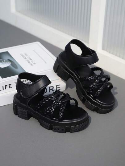 Black Toddler/Little Girls' Thick Sole Sandals, Solid Color Leather Criss-Cross Straps, Classic Hollow-Out Soft Insole Comfortable Minimalist Design Round Toe Platform Non-Slip Outsole, Fashionable Lightweight Cute Roman Beach Sandals Suitable For 3-15 Years Old Girls, Spring/Summer New Arrival