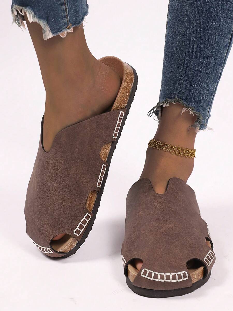 Nuevas sandalias casuales y cómodas, resistentes al desgaste y antideslizantes para uso diario, vacaciones y talla grande, con costura de unicolor y diseño slip-on para mujeres - Marrón claro - Ver 1