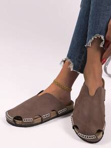 Nuevas sandalias casuales y cómodas, resistentes al desgaste y antideslizantes para uso diario, vacaciones y talla grande, con costura de unicolor y diseño slip-on para mujeres - Marrón claro - Ver 3