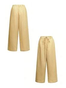 女士波西米亚风蝴蝶结腰带格纹阔腿裤 | 黄色混色印花 | 情人节、音乐节及日常休闲穿着必备单品，2026春夏款 - 黃色 - 查看 12