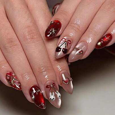 10片可爱猫眼形中号杏仁形亚克力美甲贴纸，DIY情人节爱心3D仿真美甲贴纸，带樱桃/兔子/蝴蝶结/钻石装饰，适合美甲沙龙、女孩和女士日常佩戴、节日和送礼美甲