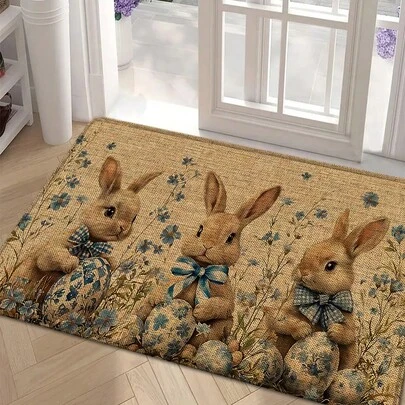 1 pieza Alfombra de lino con estampado de conejo de Pascua, felpudo, alfombra de baño, adecuada para sala de estar, dormitorio, pasillo, baño, lavandería - Alfombra de poliéster para decoración del hogar interior y exterior, regalo y decoración de Pascua