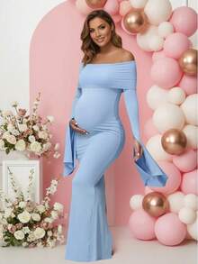 孕妇喇叭袖露肩修身开衩连衣裙，适合孕妇写真拍摄 - 淺藍色 - 查看 2